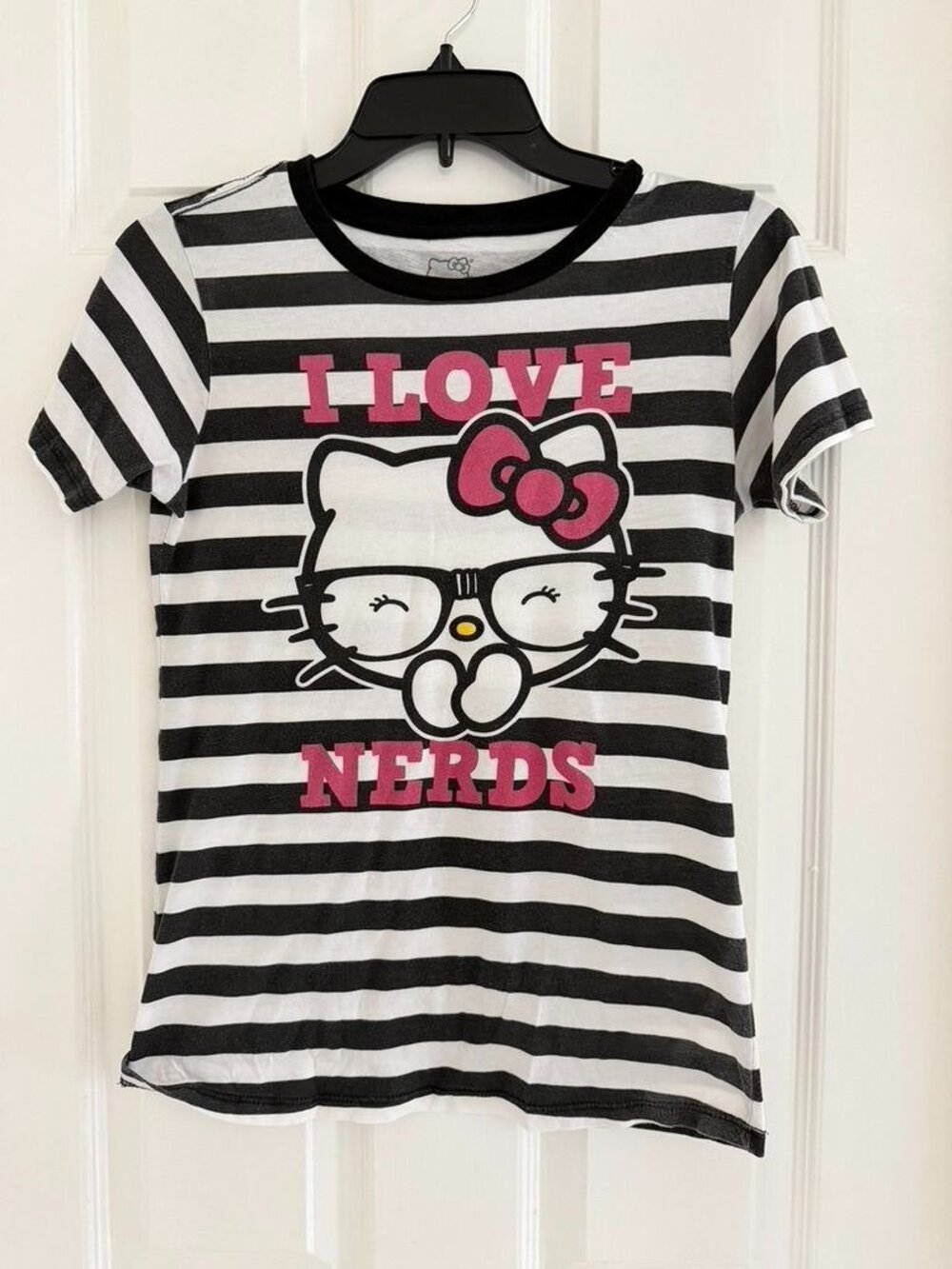 Vintage Hello Kitty I Love Nerds Glasses Stripe Tee Size Medium Cotton Preowned